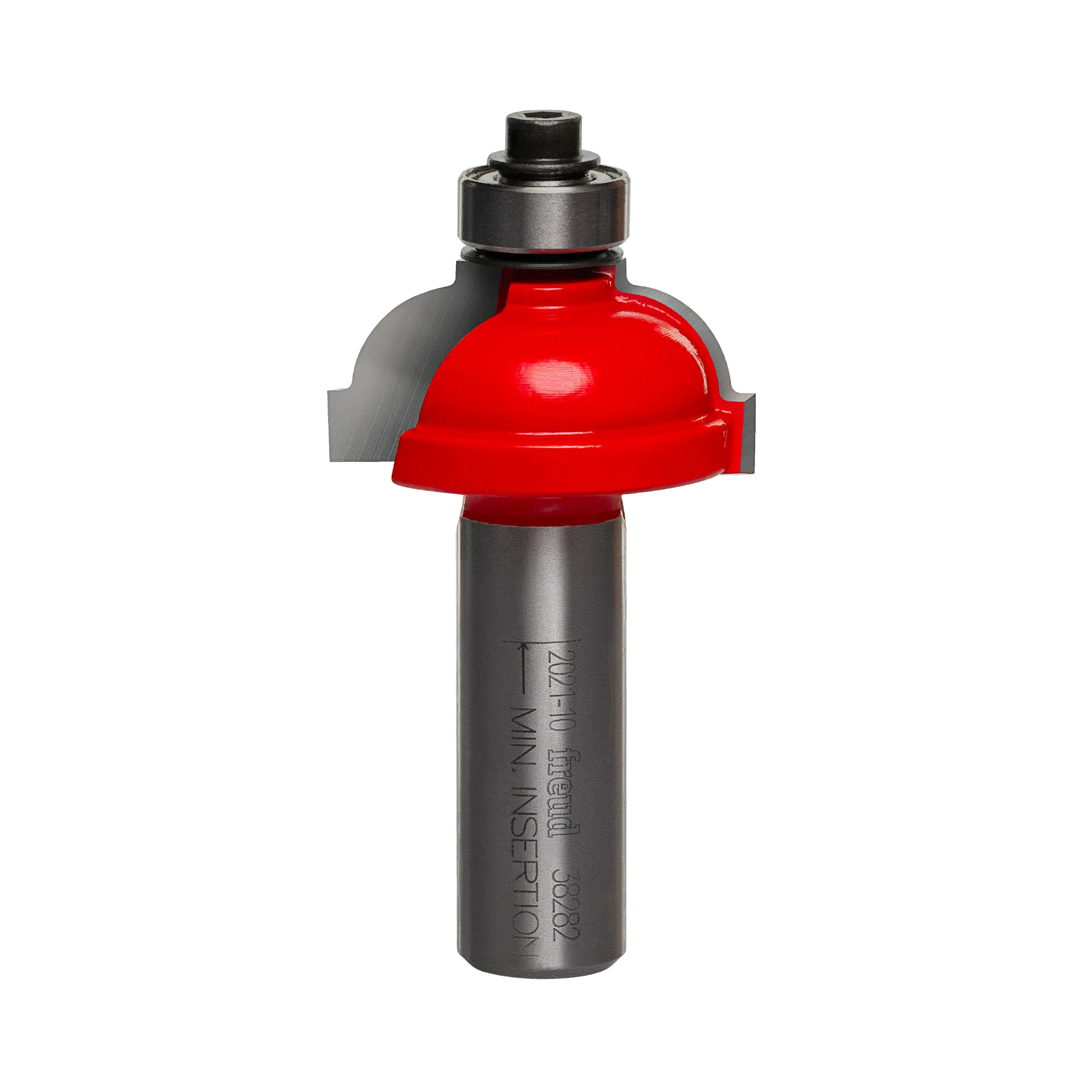 Studio shot of the Freud 38-282 Cove and Fillet router bit featuring a red Perma-SHIELD body, two carbide cutters, 1/2 inch silver shank, and top ball bearing guide.