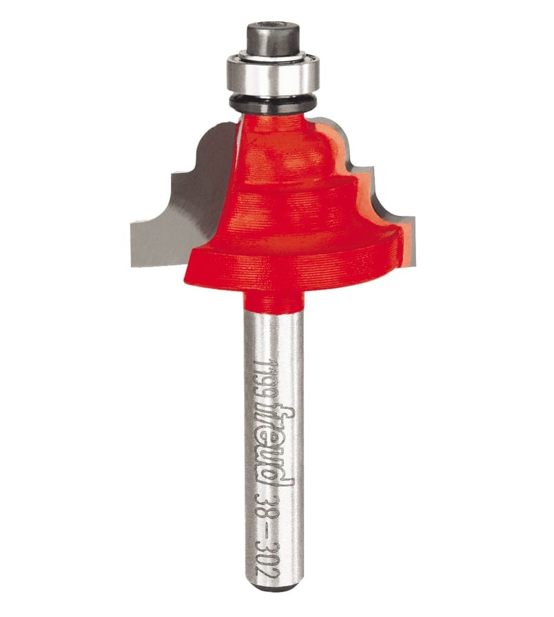 Studio shot of the Freud 38-302 Cove and Bead router bit featuring a red Perma-SHIELD body, two carbide cutters, 1/4 inch silver shank, and top ball bearing guide.