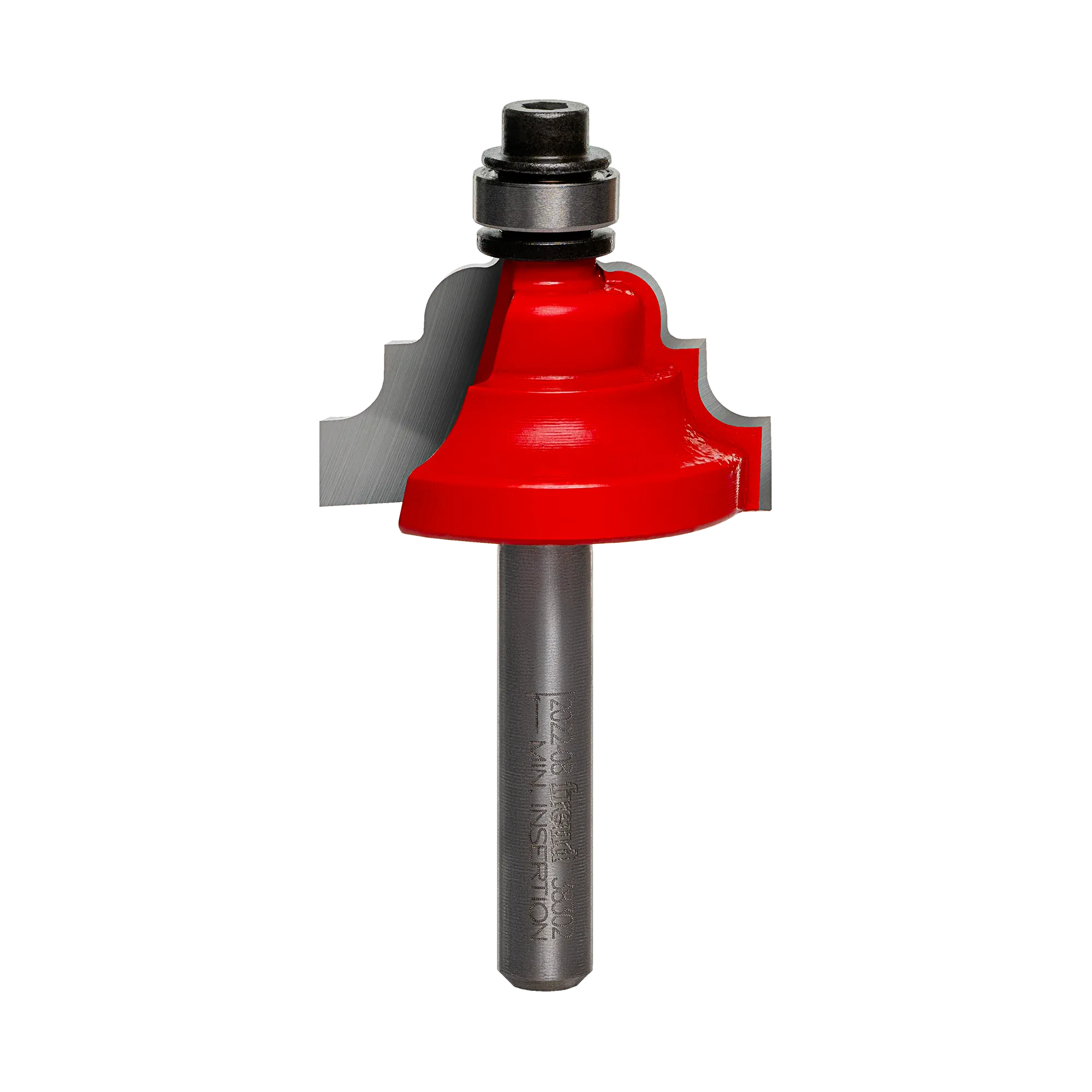 Studio shot of the Freud 38-302 Cove and Bead router bit featuring a red Perma-SHIELD body, two carbide cutters, 1/4 inch silver shank, and top ball bearing guide.
