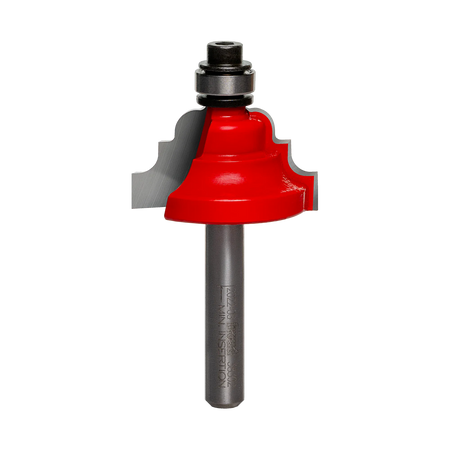Studio shot of the Freud 38-302 Cove and Bead router bit featuring a red Perma-SHIELD body, two carbide cutters, 1/4 inch silver shank, and top ball bearing guide.