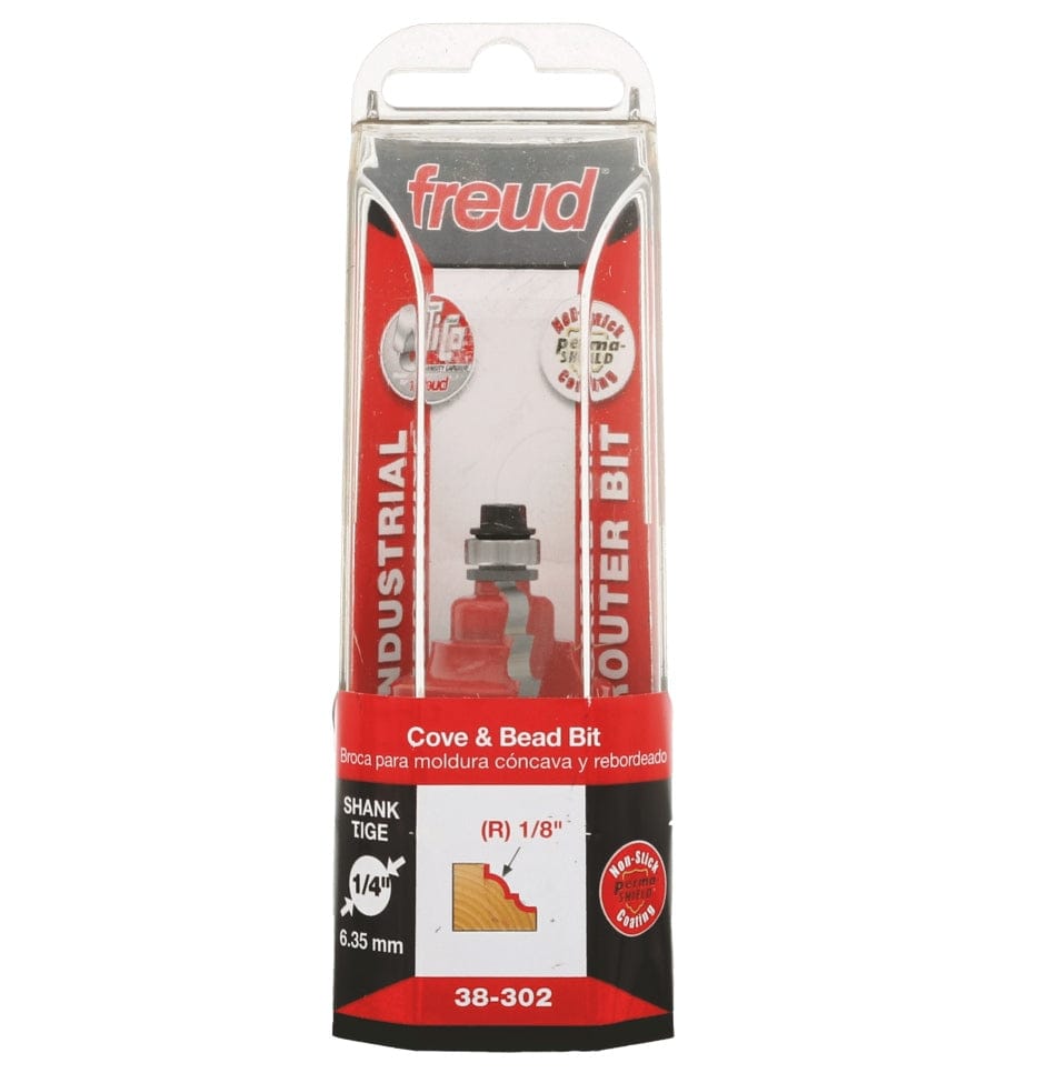Retail packaging for the Freud 38-302 Industrial Router Bit, displaying the bit inside a plastic case with text indicating a Cove & Bead profile, 1/8 inch radius, and 1/4 inch shank.