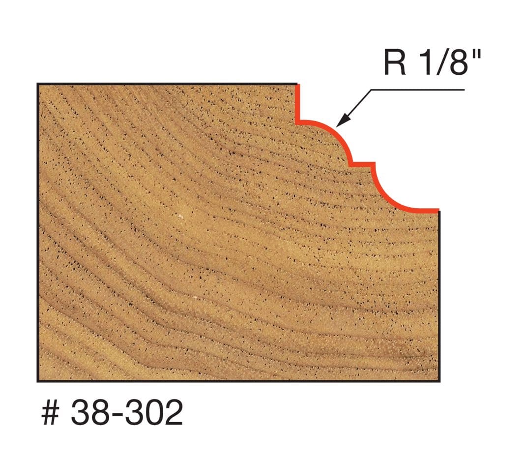 Technical profile diagram illustrating the Cove and Bead shape cut into a wood edge by the Freud 38-302 bit, specifying a 1/8 inch radius.