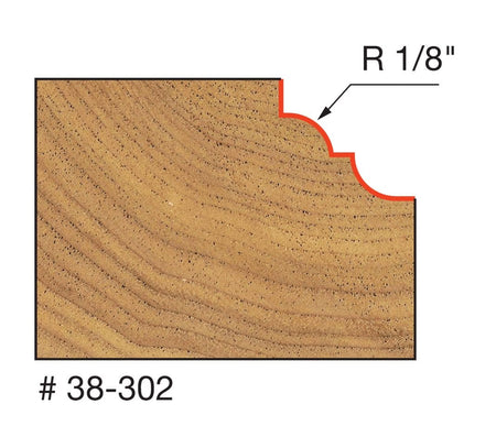 Technical profile diagram illustrating the Cove and Bead shape cut into a wood edge by the Freud 38-302 bit, specifying a 1/8 inch radius.