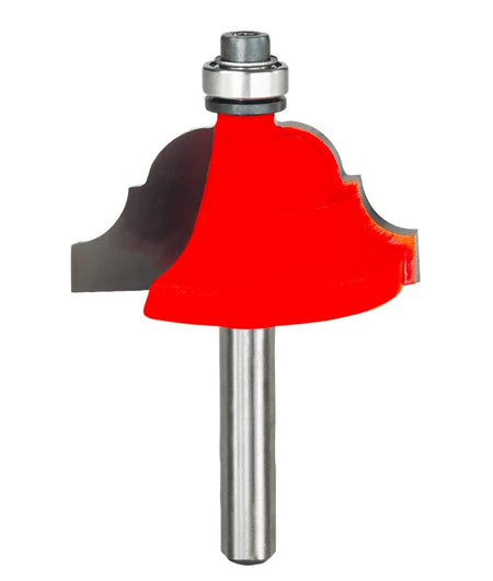 Studio shot of the Freud 38-304 Cove and Bead router bit featuring a red Perma-SHIELD body, two carbide cutters, 1/4 inch silver shank, and top ball bearing guide.