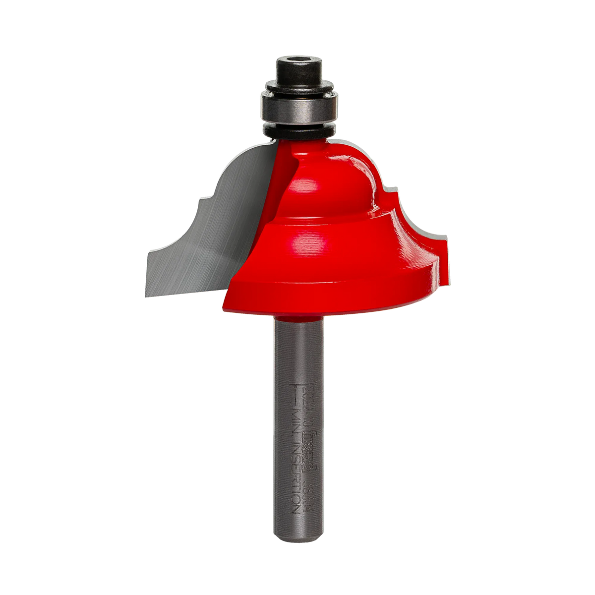 Studio shot of the Freud 38-304 Cove and Bead router bit featuring a red Perma-SHIELD body, two carbide cutters, 1/4 inch silver shank, and top ball bearing guide.