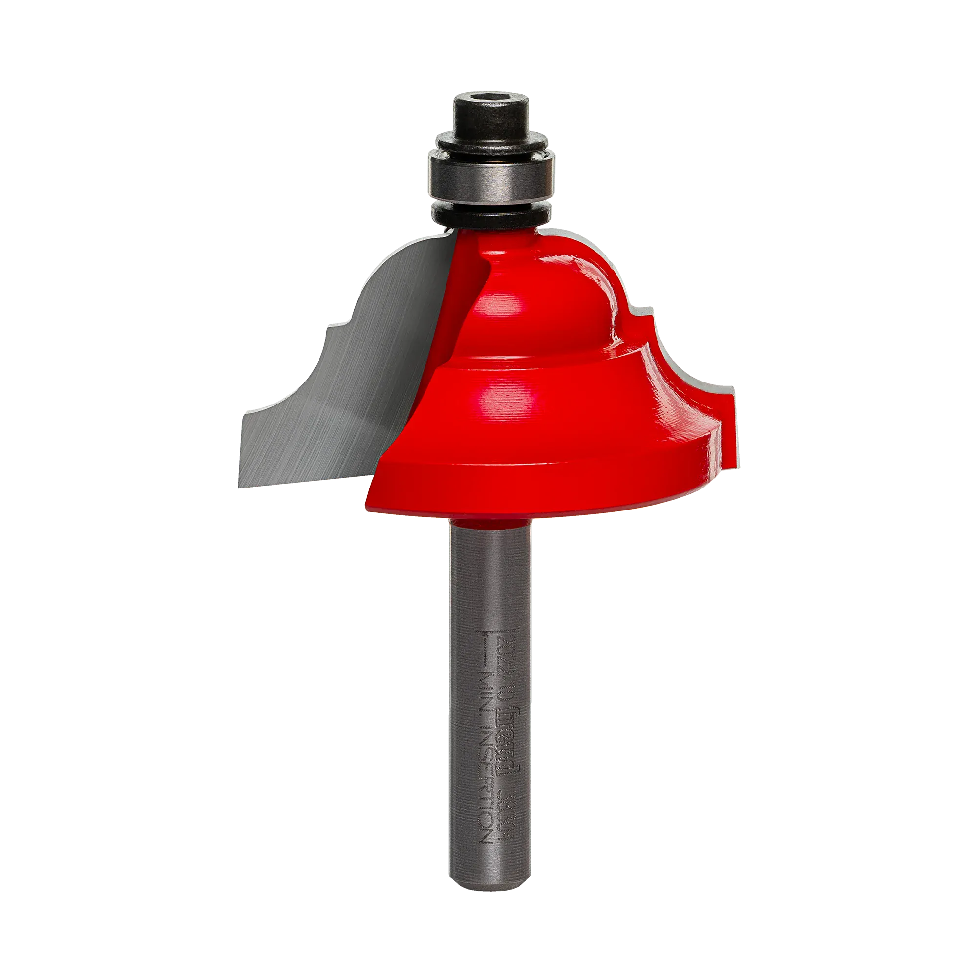 Studio shot of the Freud 38-304 Cove and Bead router bit featuring a red Perma-SHIELD body, two carbide cutters, 1/4 inch silver shank, and top ball bearing guide.