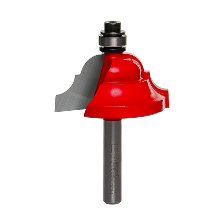 Studio shot of the Freud 38-304 Cove and Bead router bit featuring a red Perma-SHIELD body, two carbide cutters, 1/4 inch silver shank, and top ball bearing guide.