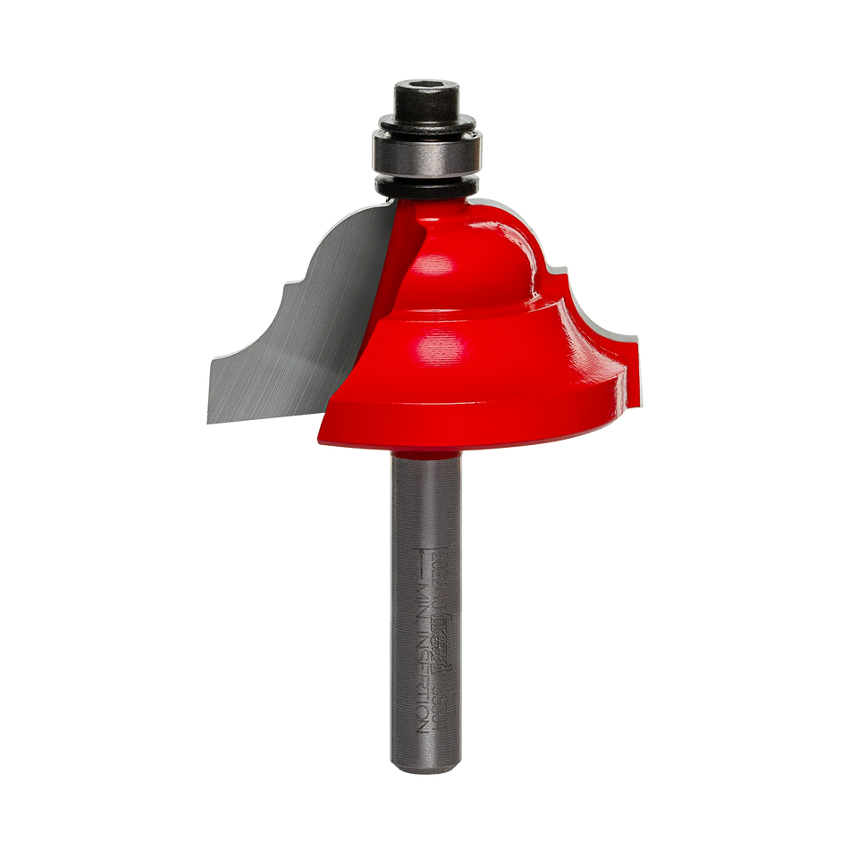 Studio shot of the Freud 38-304 Cove and Bead router bit featuring a red Perma-SHIELD body, two carbide cutters, 1/4 inch silver shank, and top ball bearing guide.
