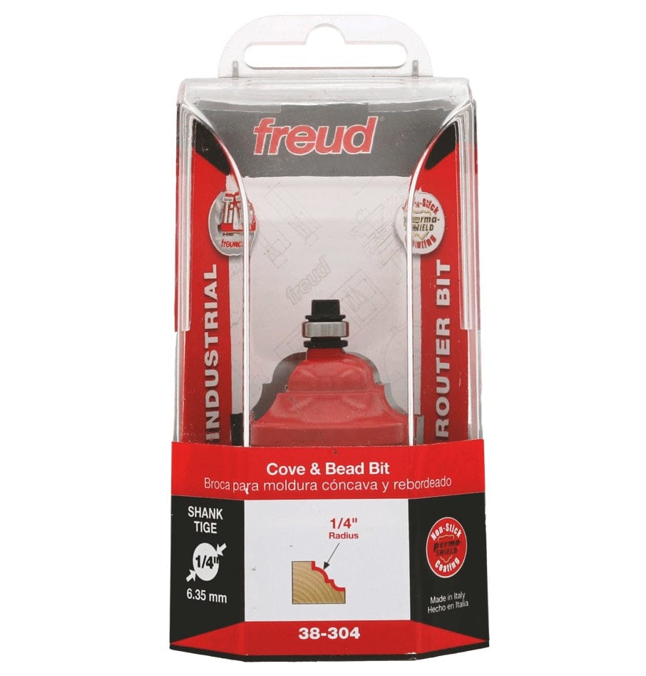 Retail packaging for the Freud 38-304 Industrial Router Bit, displaying the bit inside a plastic case with text indicating a Cove & Bead profile, 1/4 inch radius, and 1/4 inch shank.