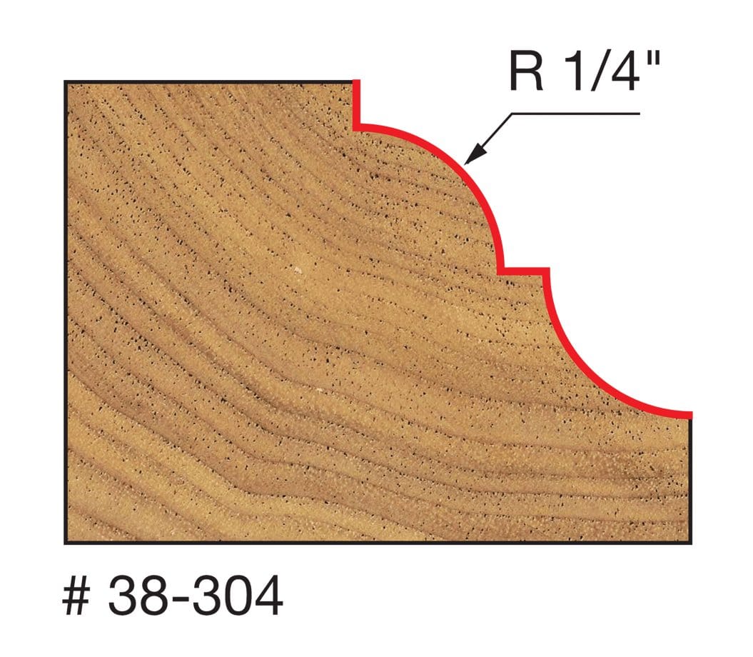 Technical profile diagram illustrating the Cove and Bead shape cut into a wood edge by the Freud 38-304 bit, specifying a 1/4 inch radius.