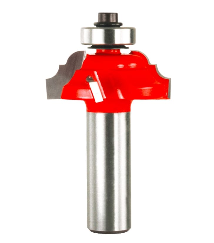 Studio shot of the Freud 38-312 Cove and Bead router bit featuring a red Perma-SHIELD body, Quadra-Cut carbide cutters, 1/2 inch silver shank, and top ball bearing guide.