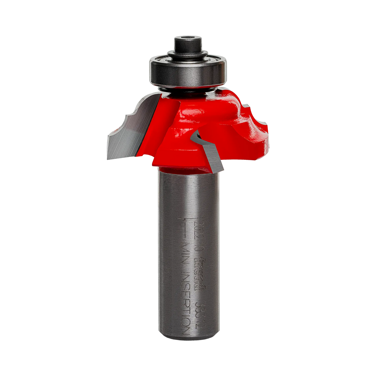Studio shot of the Freud 38-312 Cove and Bead router bit featuring a red Perma-SHIELD body, Quadra-Cut carbide cutters, 1/2 inch silver shank, and top ball bearing guide.