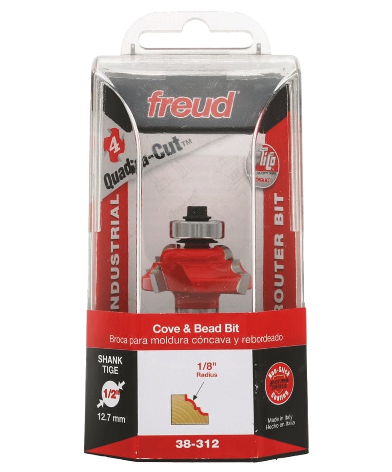 Retail packaging for the Freud 38-312 Cove and Bead Bit, displaying the bit inside a plastic case with text indicating Quadra-Cut technology, a 1/8 inch radius, and 1/2 inch shank.