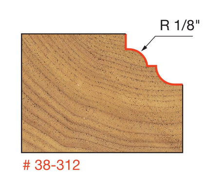 Technical profile diagram illustrating the Cove and Bead shape cut into a wood edge by the Freud 38-312 bit, specifying a 1/8 inch radius.