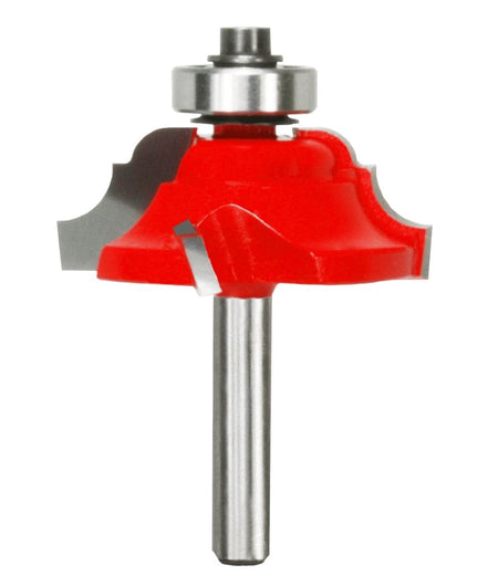 A professional studio product shot of the Freud 38-352 carbide classical cove and bead router bit at an angle, featuring the four-cutter Quadra-Cut head with red Perma-SHIELD coating, a ball-bearing guide, and a polished 1/4-inch steel shank.