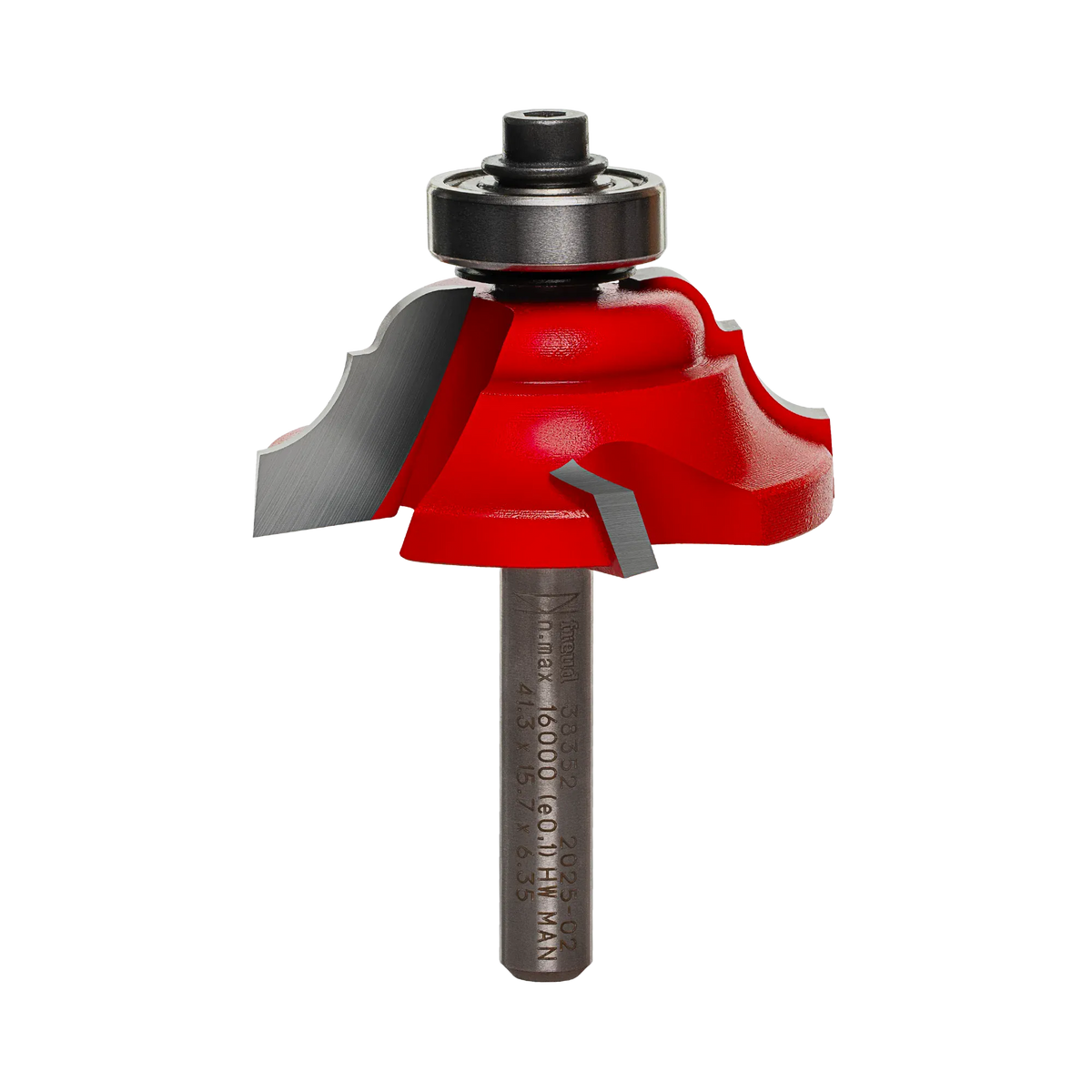 A professional studio product shot of the Freud 38-352 carbide classical cove and bead router bit at an angle, featuring the four-cutter Quadra-Cut head with red Perma-SHIELD coating, a ball-bearing guide, and a polished 1/4-inch steel shank.