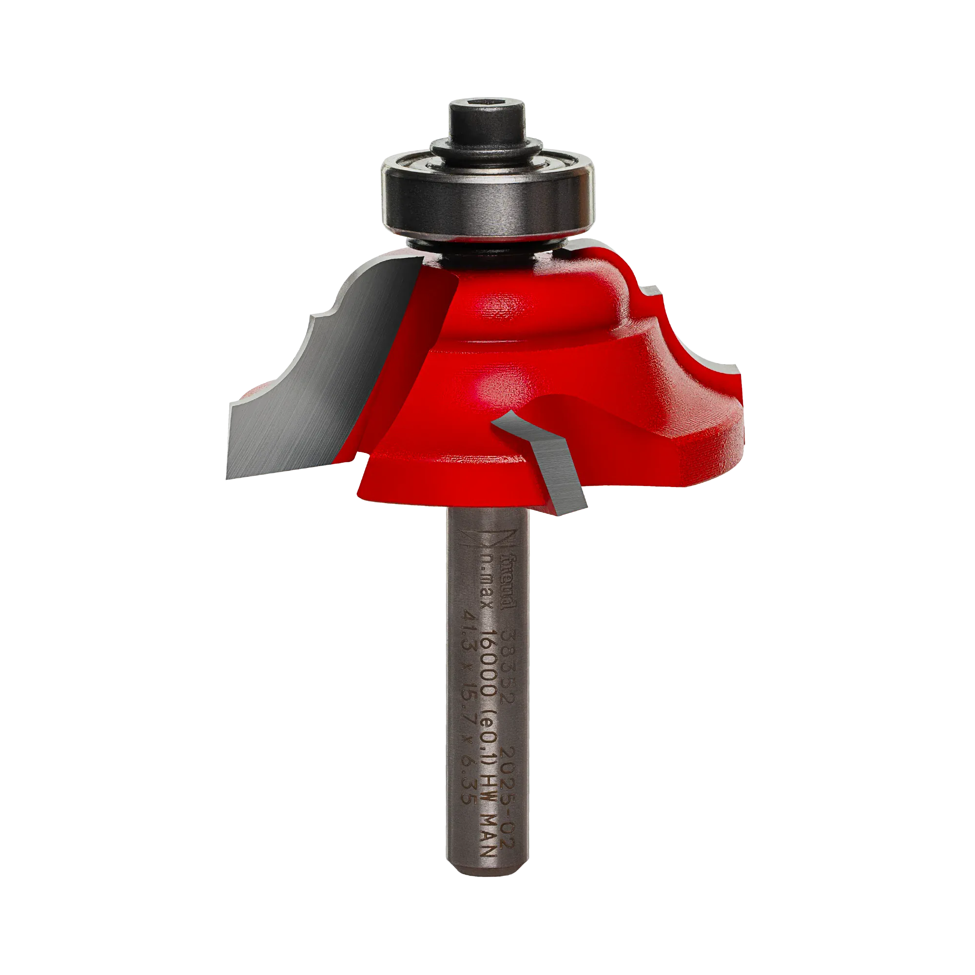 A professional studio product shot of the Freud 38-352 carbide classical cove and bead router bit at an angle, featuring the four-cutter Quadra-Cut head with red Perma-SHIELD coating, a ball-bearing guide, and a polished 1/4-inch steel shank.