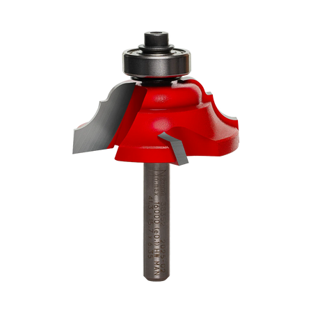A professional studio product shot of the Freud 38-352 carbide classical cove and bead router bit at an angle, featuring the four-cutter Quadra-Cut head with red Perma-SHIELD coating, a ball-bearing guide, and a polished 1/4-inch steel shank.