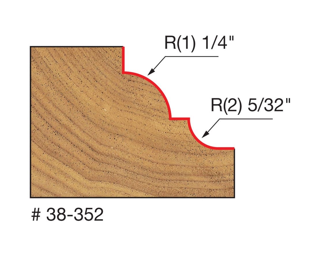 Retail clamshell packaging for the Freud 38-352 industrial classical cove and bead bit, displaying the Quadra-Cut 4-cutter technology logo, 1-5/8 inch diameter, and 1/4 inch shank size for professional woodworking.