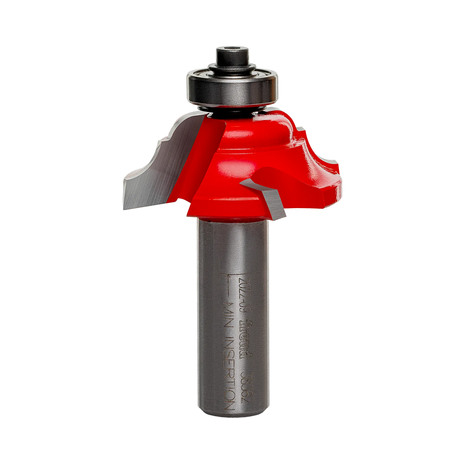 Studio shot of the Freud 38-362 Classical Cove and Bead router bit featuring a red Perma-SHIELD body, Quadra-Cut carbide cutters, 1/2 inch silver shank, and top ball bearing guide.