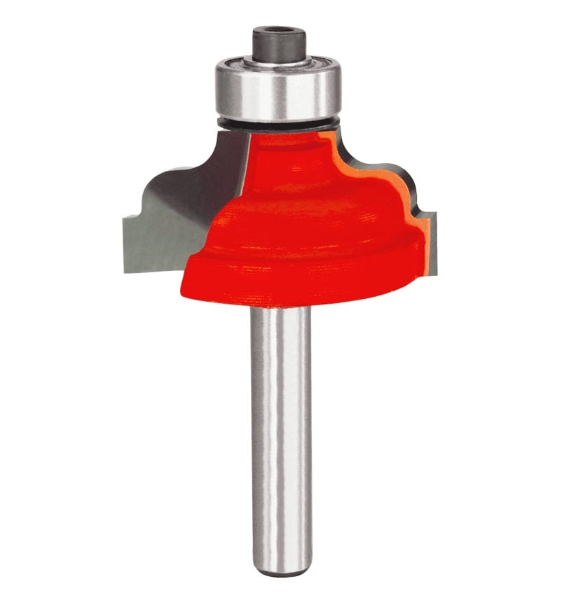 Studio shot of the Freud 38-402 Classical Roman Ogee router bit featuring a red Perma-SHIELD body, four Quadra-Cut carbide cutters, 1/4 inch silver shank, and top ball bearing guide.