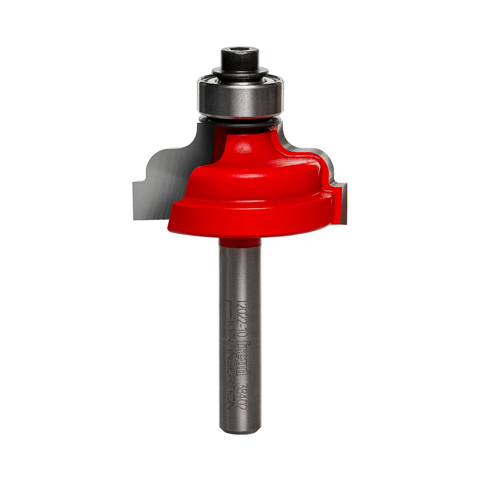 Studio shot of the Freud 38-402 Classical Roman Ogee router bit featuring a red Perma-SHIELD body, four Quadra-Cut carbide cutters, 1/4 inch silver shank, and top ball bearing guide.