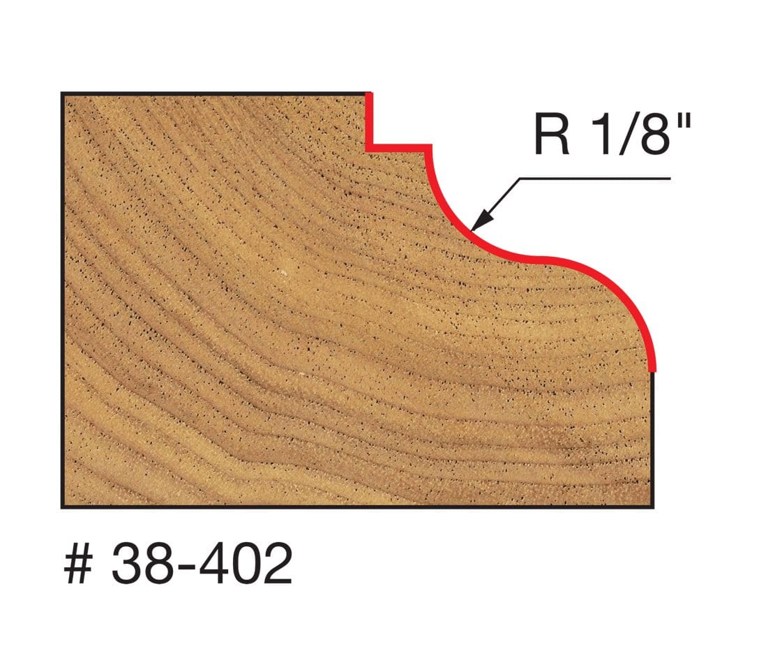 Technical profile diagram illustrating the Classical Roman Ogee shape cut into a wood edge by the Freud 38-402 bit, specifying a 1/8 inch radius and 1-1/4 inch diameter.