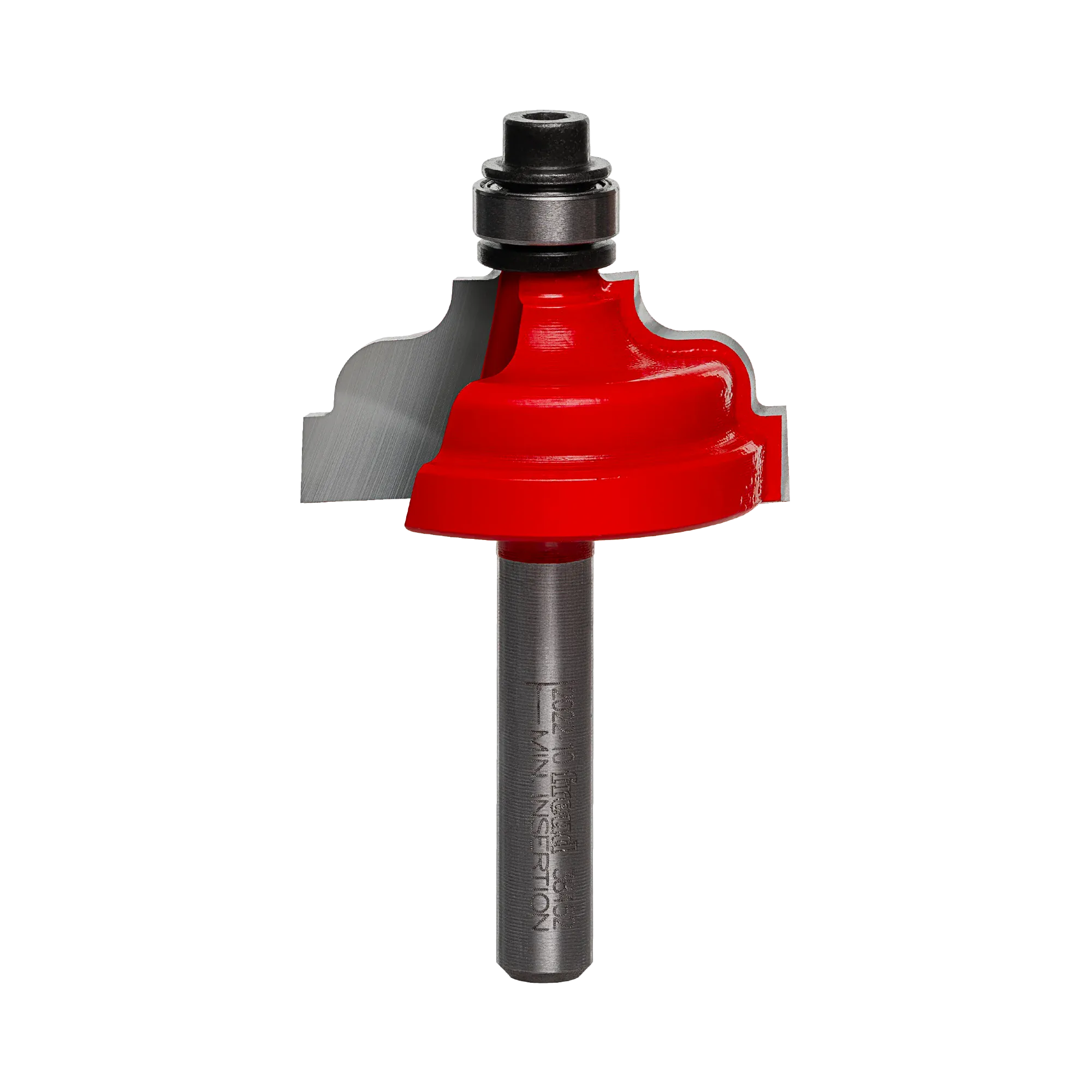 Studio shot of the Freud 38-452 Double Fillet Ogee router bit featuring a red Perma-SHIELD body, Quadra-Cut carbide cutters, 1/4 inch silver shank, and top ball bearing guide.