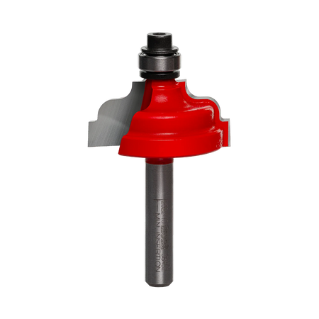Studio shot of the Freud 38-452 Double Fillet Ogee router bit featuring a red Perma-SHIELD body, Quadra-Cut carbide cutters, 1/4 inch silver shank, and top ball bearing guide.