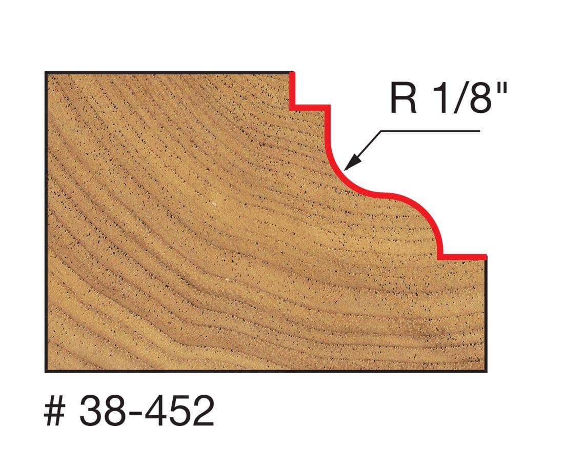 Technical profile diagram illustrating the Double Fillet Ogee shape cut into a wood edge by the Freud 38-452 bit, specifying a 1/8 inch radius.