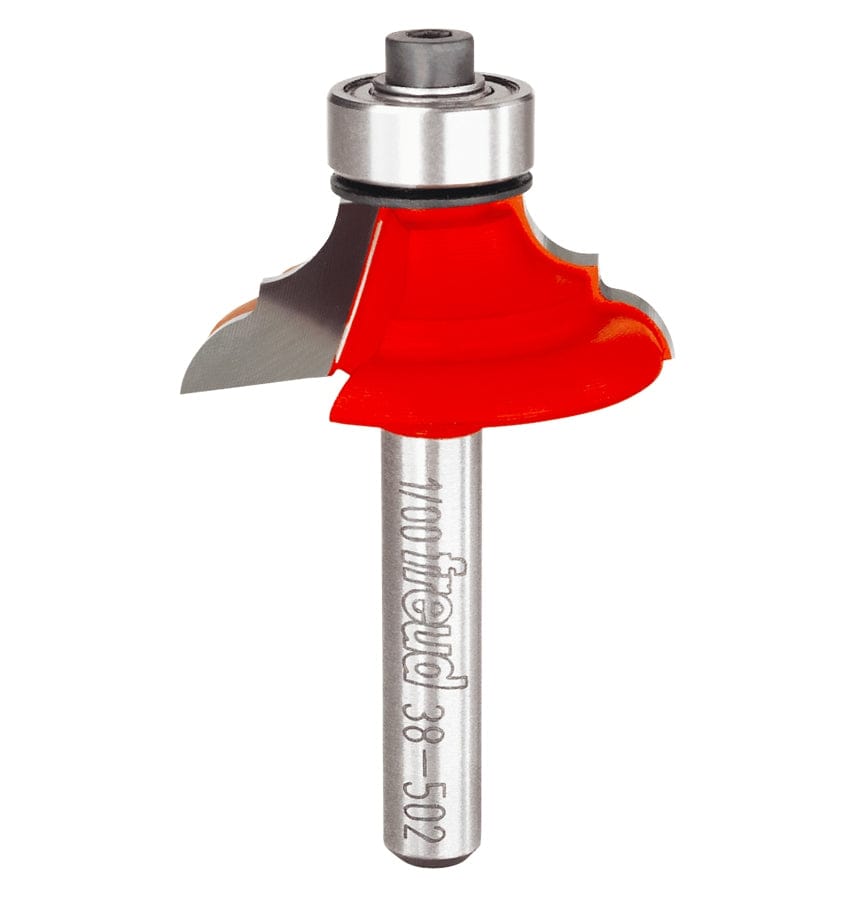 Studio shot of the Freud 38-502 Classical Bold Cove and Round router bit featuring a red Perma-SHIELD body, Quadra-Cut carbide cutters, 1/4 inch silver shank, and top ball bearing guide.