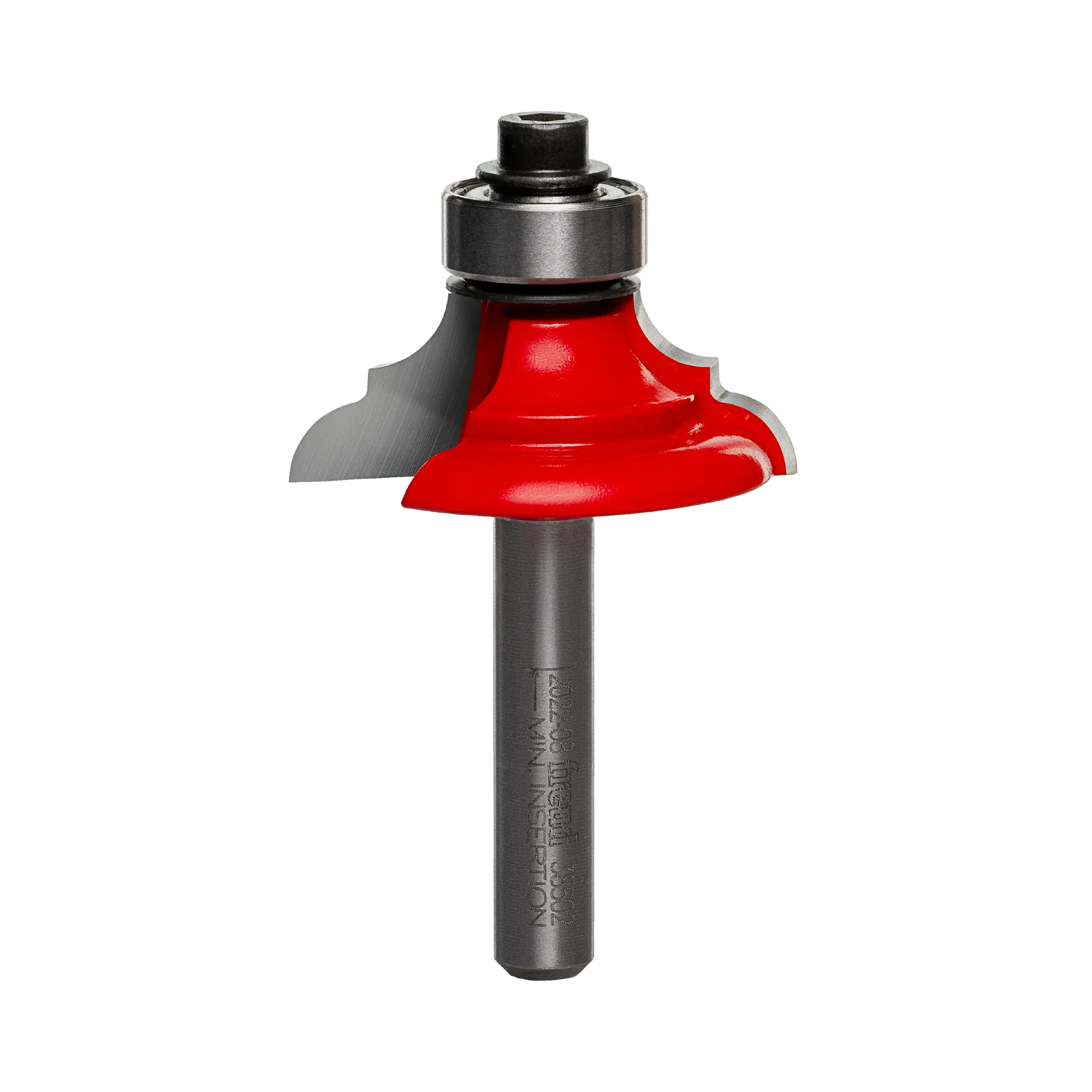 Studio shot of the Freud 38-502 Classical Bold Cove and Round router bit featuring a red Perma-SHIELD body, Quadra-Cut carbide cutters, 1/4 inch silver shank, and top ball bearing guide.