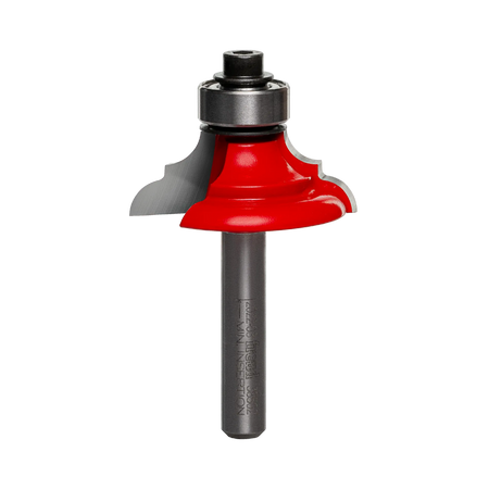 Studio shot of the Freud 38-502 Classical Bold Cove and Round router bit featuring a red Perma-SHIELD body, Quadra-Cut carbide cutters, 1/4 inch silver shank, and top ball bearing guide.