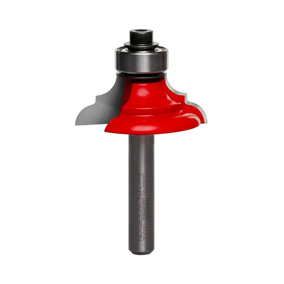 Studio shot of the Freud 38-502 Classical Bold Cove and Round router bit featuring a red Perma-SHIELD body, Quadra-Cut carbide cutters, 1/4 inch silver shank, and top ball bearing guide.