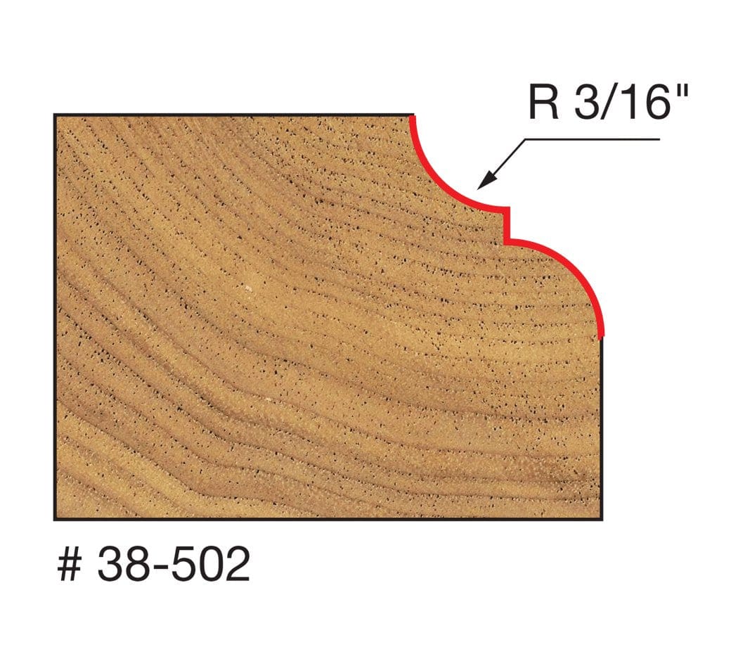 Technical profile diagram illustrating the Classical Bold Cove and Round shape cut into a wood edge by the Freud 38-502 bit, specifying a 3/16 inch radius.