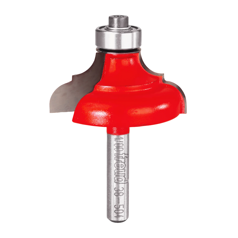 Studio shot of the Freud 38-504 Classical Bold Cove and Round router bit featuring a red Perma-SHIELD body, Quadra-Cut carbide cutters, 1/4 inch silver shank, and top ball bearing guide.