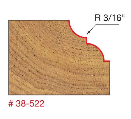 A technical diagram for the Freud 38-522 bit, illustrating a cross-section of a wood block with a red line indicating a complex decorative profile consisting of a 3/16 inch radius cove paired with a crisp bead detail.