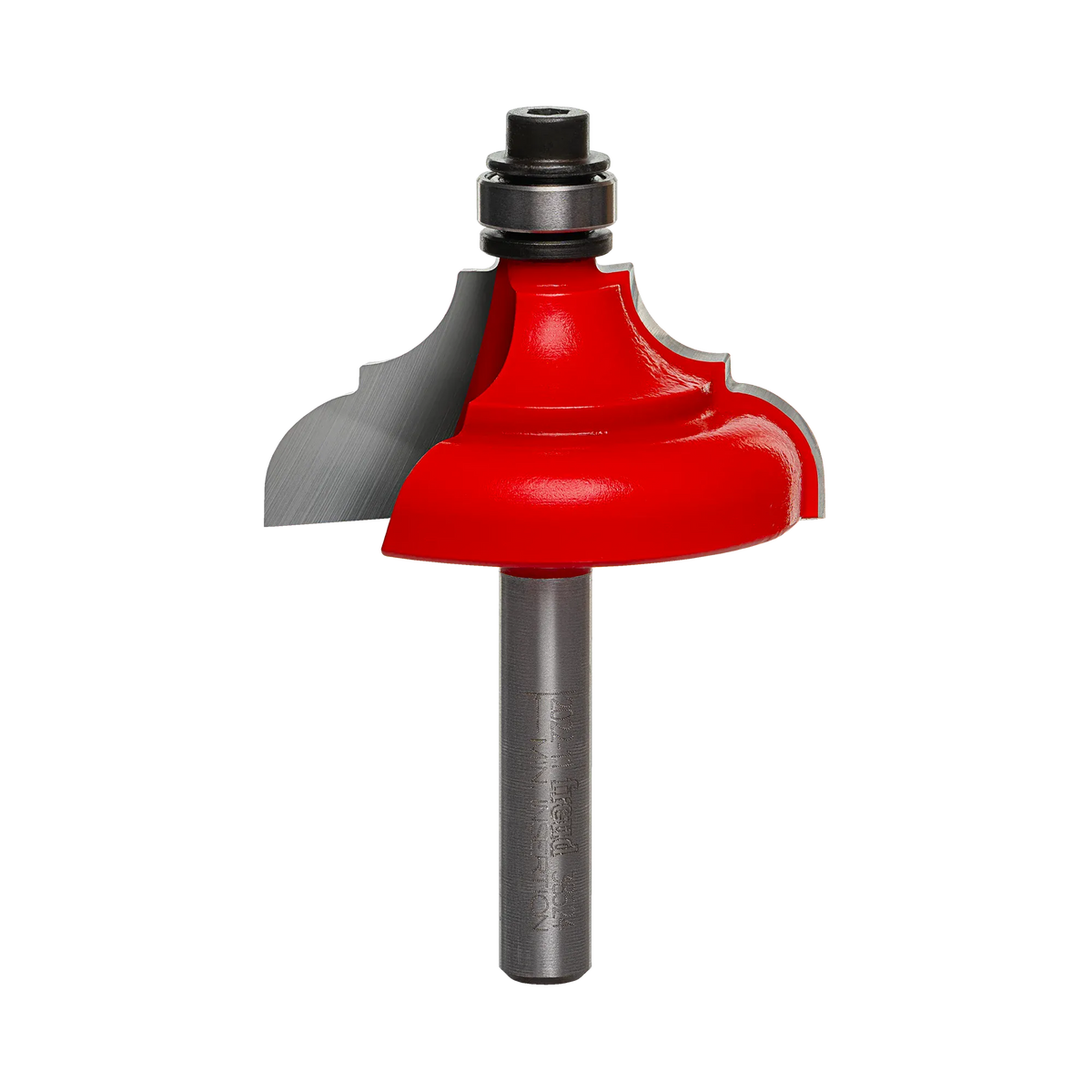 A professional studio photograph of the Freud 38-524 decorative edging bit, featuring its bright red Perma-SHIELD coating on the cutting head, sharp silver Quadra-Cut carbide edges, a top-mounted ball bearing pilot, and a polished 1/4 inch steel shank.