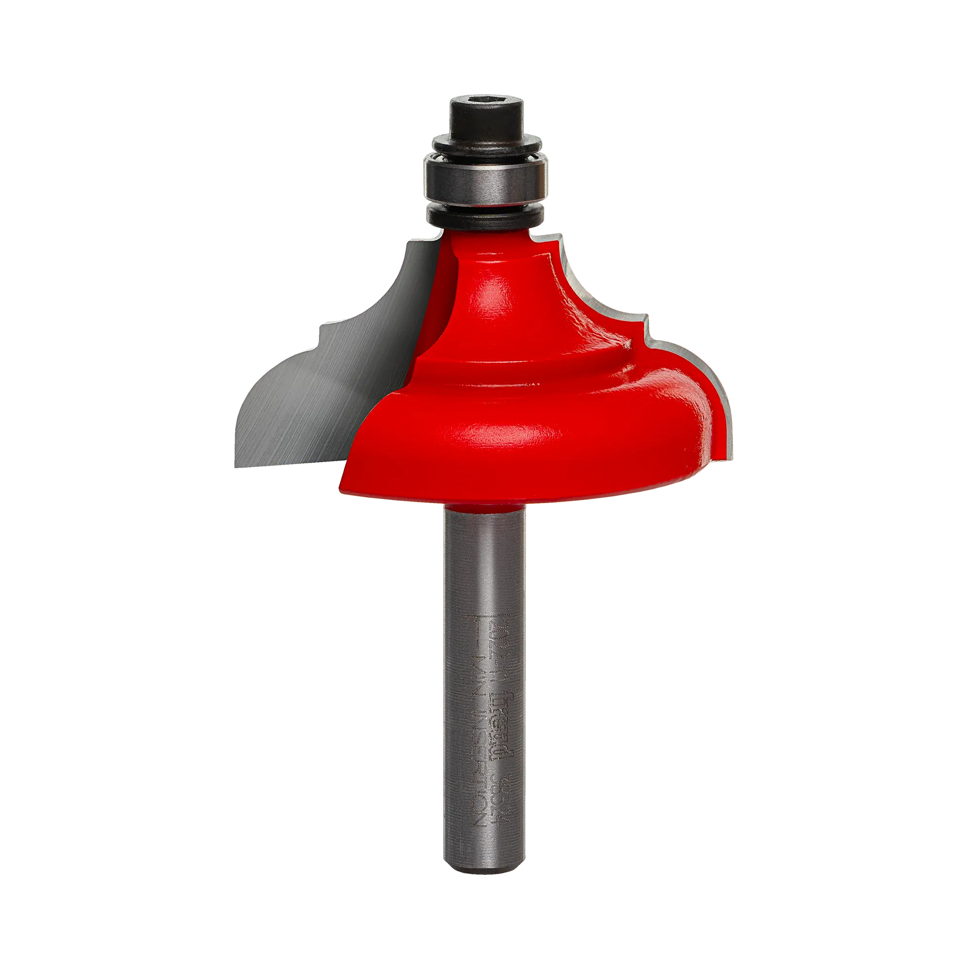 A professional studio photograph of the Freud 38-524 decorative edging bit, featuring its bright red Perma-SHIELD coating on the cutting head, sharp silver Quadra-Cut carbide edges, a top-mounted ball bearing pilot, and a polished 1/4 inch steel shank.