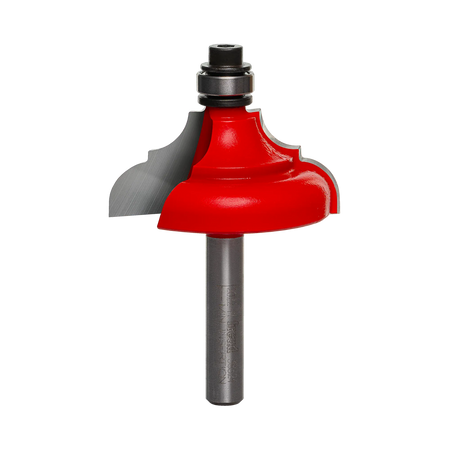 A professional studio photograph of the Freud 38-524 decorative edging bit, featuring its bright red Perma-SHIELD coating on the cutting head, sharp silver Quadra-Cut carbide edges, a top-mounted ball bearing pilot, and a polished 1/4 inch steel shank.