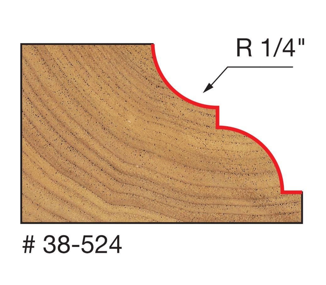 A technical diagram for the Freud 38-524 bit, illustrating a cross-section of a wood block with a red line indicating a complex decorative profile consisting of a 1/4 inch radius cove paired with a crisp bead detail.