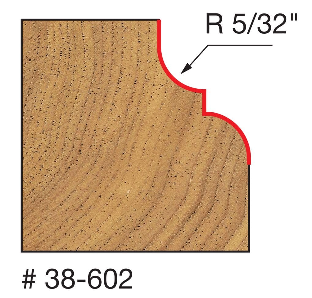 A technical diagram for the Freud 38-602 bit, illustrating a cross-section of a wood block with a red line indicating a complex decorative profile consisting of a 5/32 inch radius cove paired with a refined round-over edge.