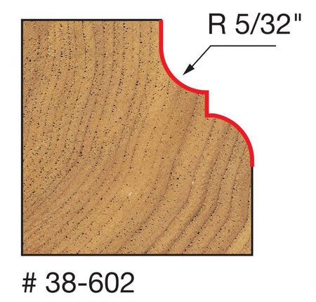 A technical diagram for the Freud 38-602 bit, illustrating a cross-section of a wood block with a red line indicating a complex decorative profile consisting of a 5/32 inch radius cove paired with a refined round-over edge.