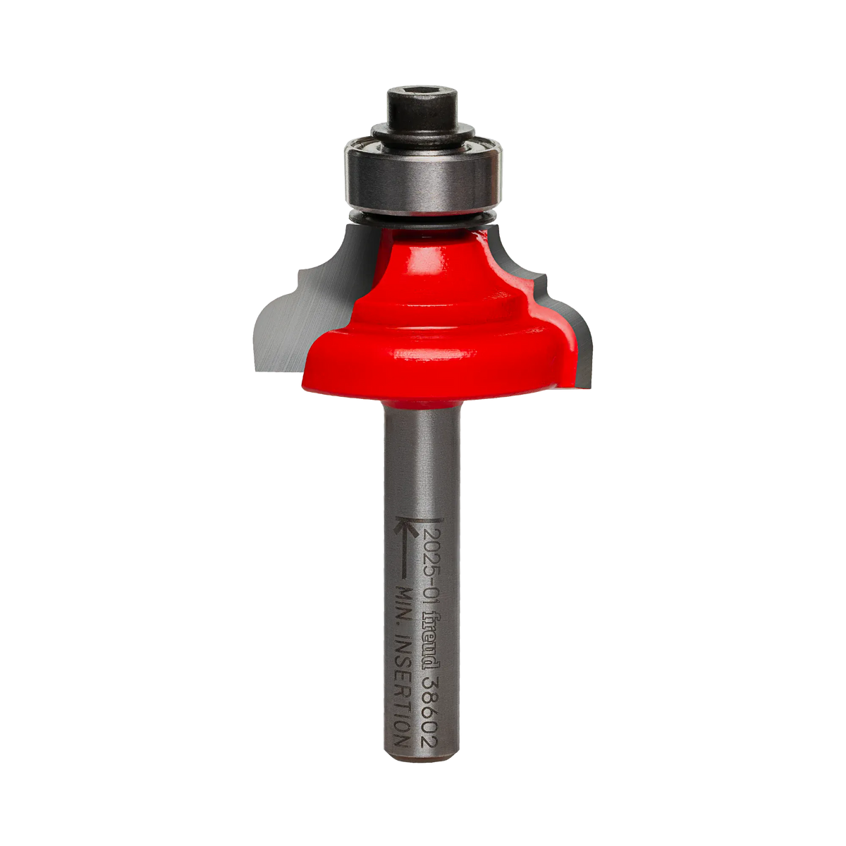 A professional studio photograph of the Freud 38-602 classical cove and round router bit, featuring its signature red Perma-SHIELD coating on the cutting head, silver Quadra-Cut carbide edges, a top-mounted ball bearing pilot, and a polished 1/4 inch steel shank.