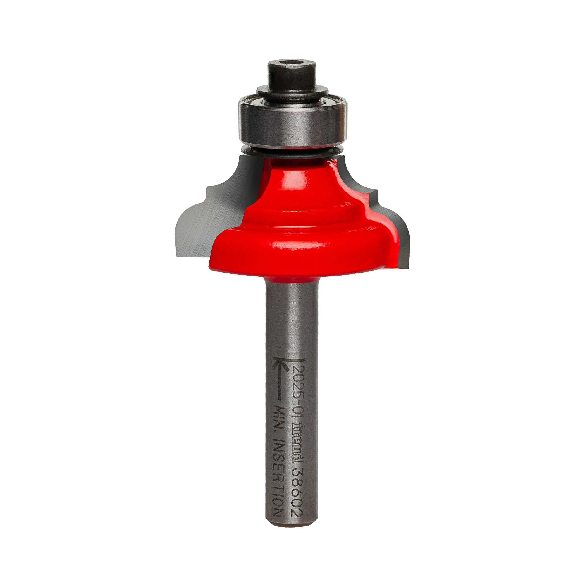 A professional studio photograph of the Freud 38-602 classical cove and round router bit, featuring its signature red Perma-SHIELD coating on the cutting head, silver Quadra-Cut carbide edges, a top-mounted ball bearing pilot, and a polished 1/4 inch steel shank.