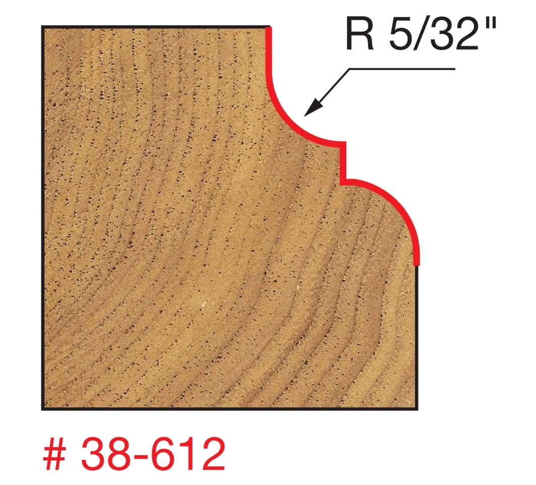 A technical diagram for the Freud 38-612 bit, illustrating a cross-section of a wood block with a red line indicating a complex decorative profile consisting of a 5/32 inch radius cove paired with a refined round-over edge.