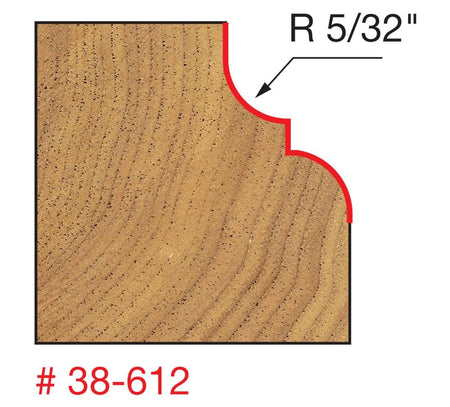 A technical diagram for the Freud 38-612 bit, illustrating a cross-section of a wood block with a red line indicating a complex decorative profile consisting of a 5/32 inch radius cove paired with a refined round-over edge.