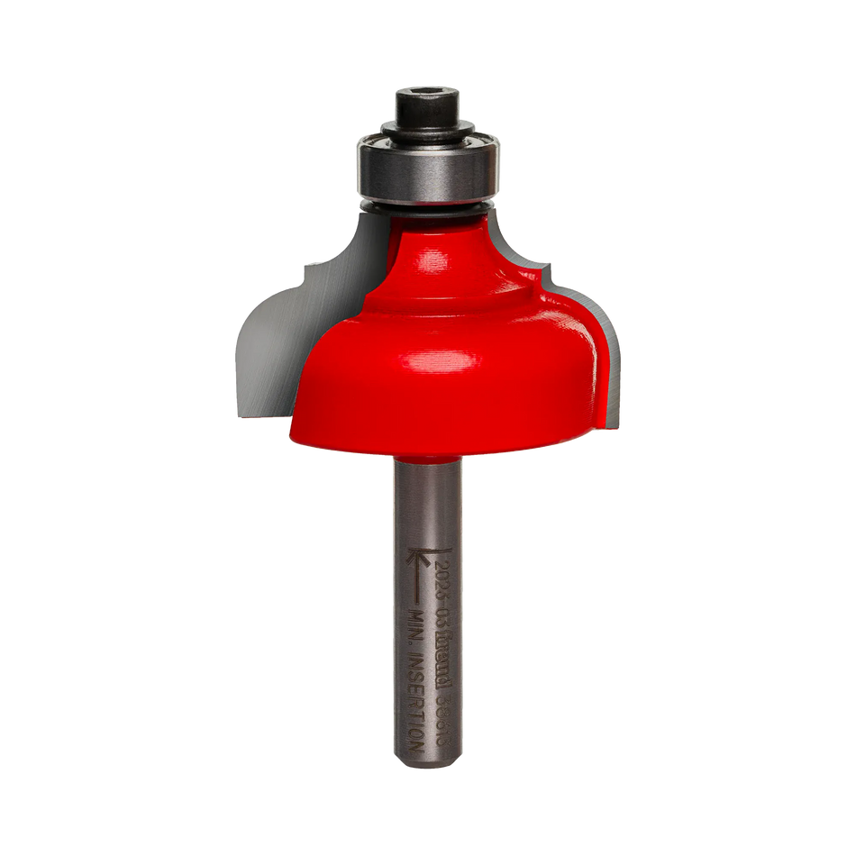 A studio product photograph of the Freud 38-613 Classical Cove and Round router bit featuring a red Perma-SHIELD body, a top-mounted silver ball bearing pilot, and TiCo carbide cutters on a 1/4 inch silver shank.