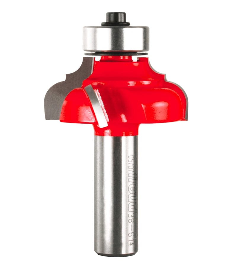 A professional studio photograph of the Freud 38-614 classical cove and round router bit, featuring its signature red Perma-SHIELD coating on the cutting head, silver Quadra-Cut carbide edges, a top-mounted ball bearing pilot, and a polished 1/2 inch steel shank.