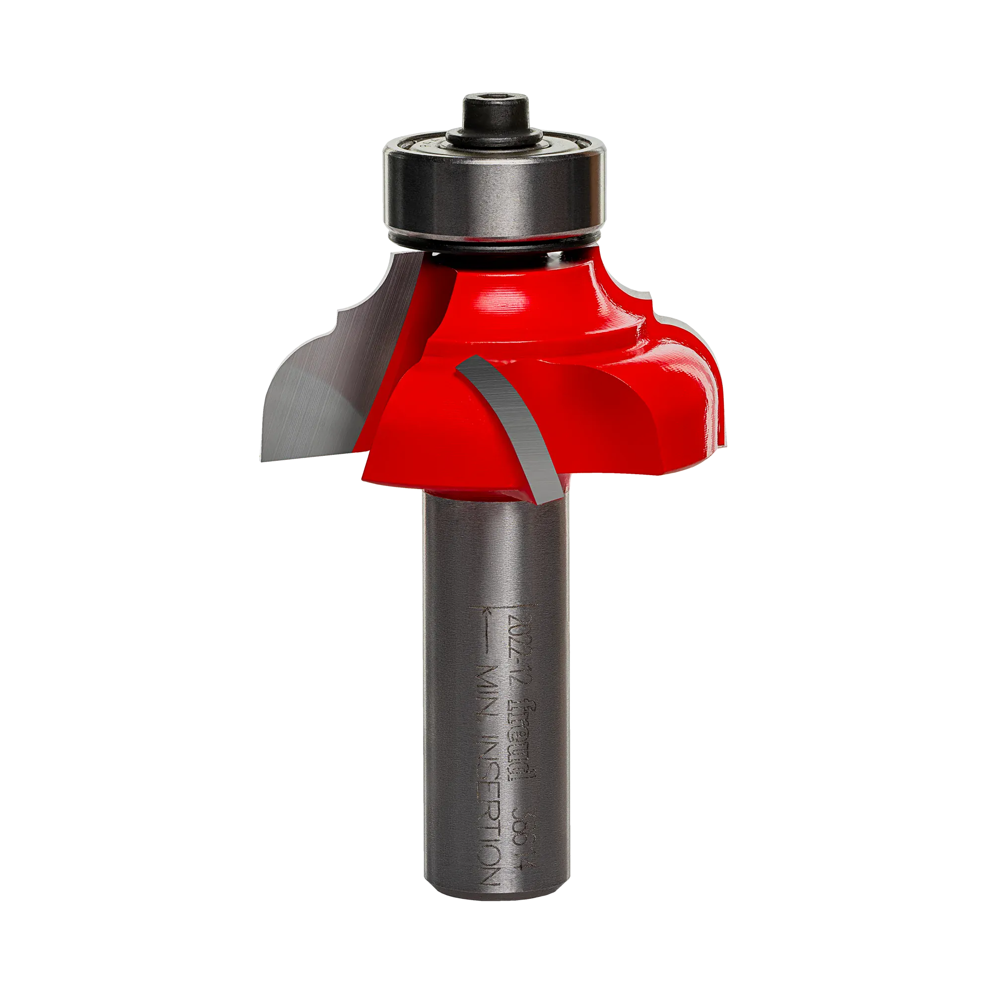 A professional studio photograph of the Freud 38-614 classical cove and round router bit, featuring its signature red Perma-SHIELD coating on the cutting head, silver Quadra-Cut carbide edges, a top-mounted ball bearing pilot, and a polished 1/2 inch steel shank.